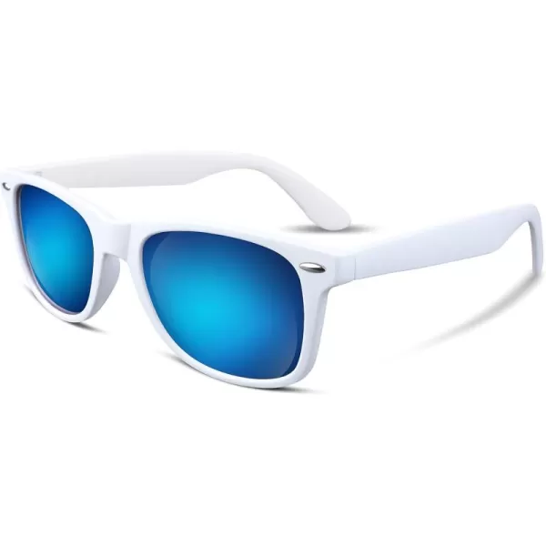 FEISEDY Classic Square Retro Polarized Sunglasses Women Men 80s Sun Glasses Trendy UV400 B1858Frosted White Frame  Blue Mirror Lens