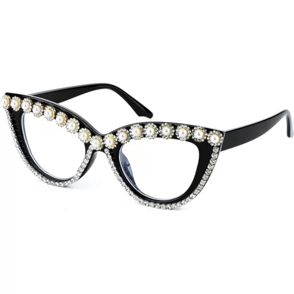 FEISEDY Diamond Blue Light Blocking Glasses Cat Eye Rhinestone Women Oversized Anti Eyestrain Computer Glasses Frame B2358Flower Diamond