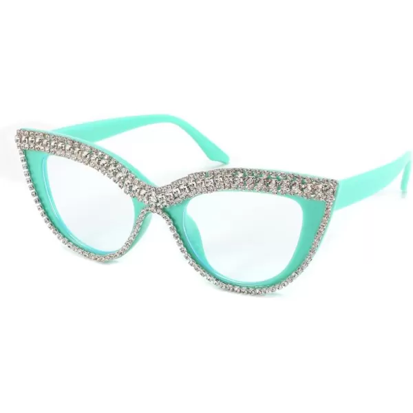 FEISEDY Diamond Blue Light Blocking Glasses Cat Eye Rhinestone Women Oversized Anti Eyestrain Computer Glasses Frame B2358Green Blue Diamond