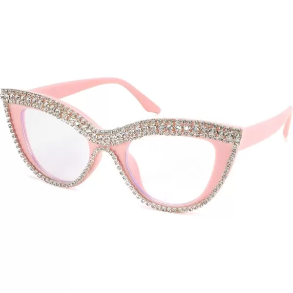 FEISEDY Diamond Blue Light Blocking Glasses Cat Eye Rhinestone Women Oversized Anti Eyestrain Computer Glasses Frame B2358Pink Diamond