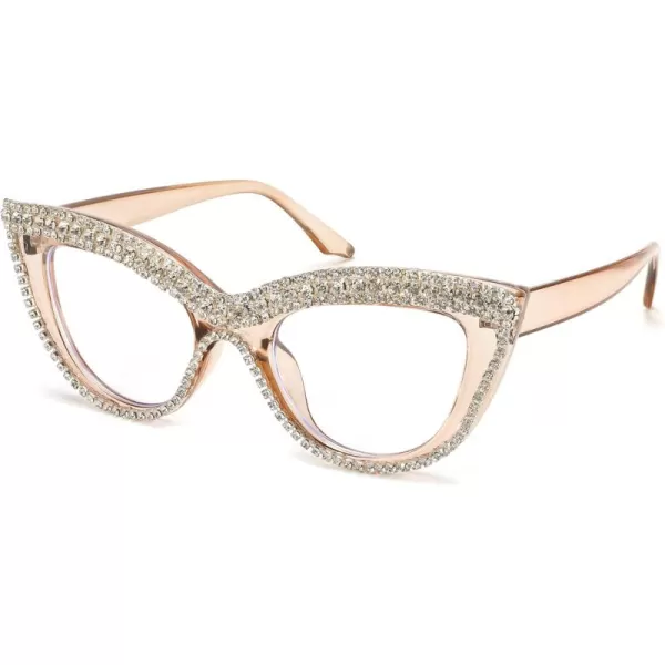 FEISEDY Diamond Blue Light Blocking Glasses Cat Eye Rhinestone Women Oversized Anti Eyestrain Computer Glasses Frame B2358Tea Diamond