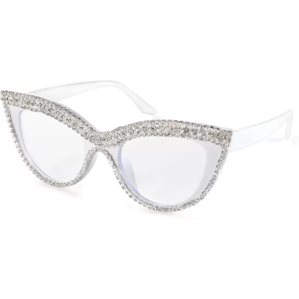 FEISEDY Diamond Blue Light Blocking Glasses Cat Eye Rhinestone Women Oversized Anti Eyestrain Computer Glasses Frame B2358White Diamond