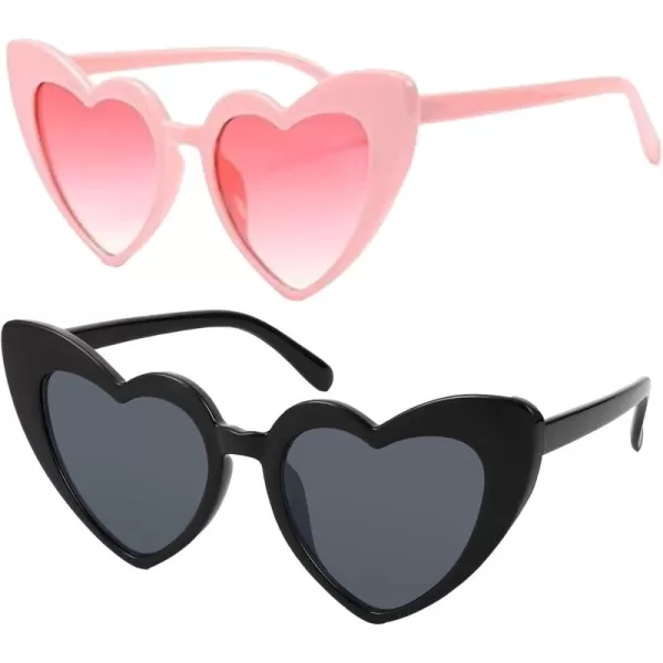 FEISEDY Heart Sunglasses for Women Pink Heart Sunglasses Red Heart Sunglasses Fashion Heart Shaped Glasses B2421P 2 Pack  Black  White
