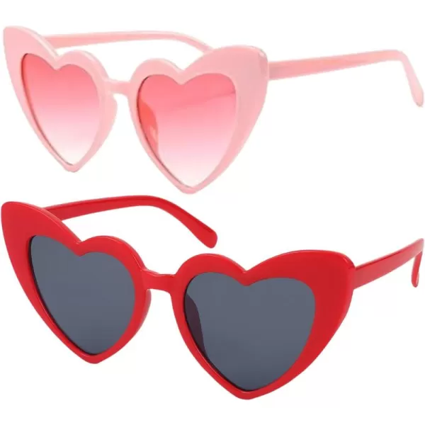 FEISEDY Heart Sunglasses for Women Pink Heart Sunglasses Red Heart Sunglasses Fashion Heart Shaped Glasses B2421P 2 Pack  Pink  Red