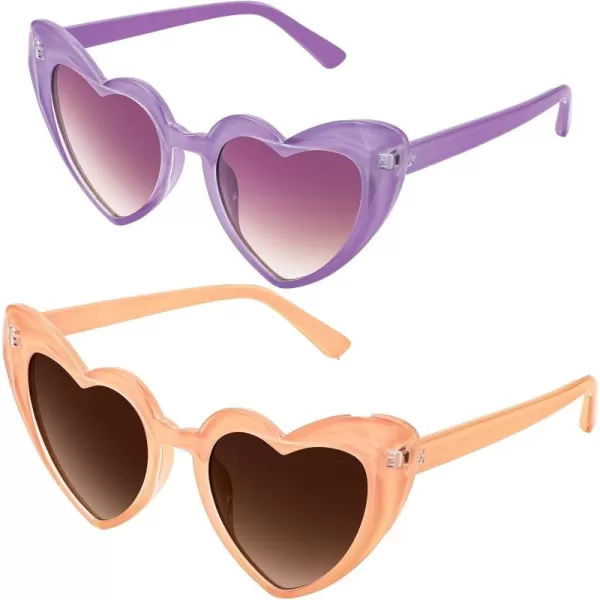 FEISEDY Heart Sunglasses for Women Pink Heart Sunglasses Red Heart Sunglasses Fashion Heart Shaped Glasses B2421P 2 Pack  Purple  Orange