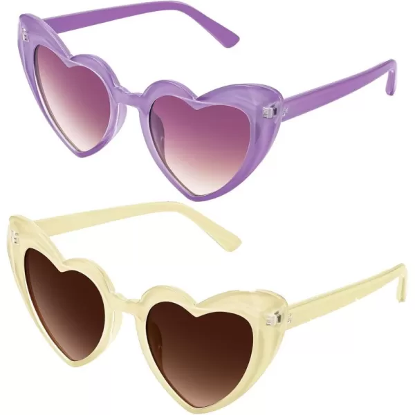 FEISEDY Heart Sunglasses for Women Pink Heart Sunglasses Red Heart Sunglasses Fashion Heart Shaped Glasses B2421P 2 Pack  Purple  Yellow