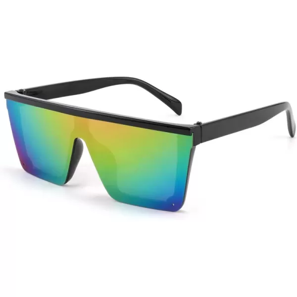 FEISEDY Kids Sunglasses Flat Top Shield Square Sunglasses with Rimless Fashion Shades for Age 27 B4061Black FrameRianbow Lens