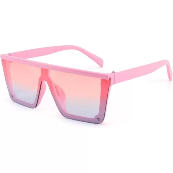FEISEDY Kids Sunglasses Flat Top Shield Square Sunglasses with Rimless Fashion Shades for Age 27 B4061Pink FramePink Blue Lens