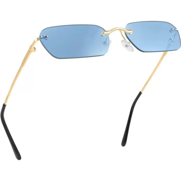 FEISEDY Rimless Sunglasses Y2K Sunglasses Retro Small Narrow Clear Eyewear Vintage Rectangle Sunglasses for Women Men B2643Blue