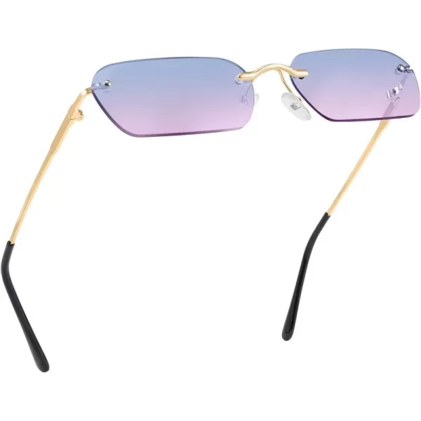 FEISEDY Rimless Sunglasses Y2K Sunglasses Retro Small Narrow Clear Eyewear Vintage Rectangle Sunglasses for Women Men B2643BluePink