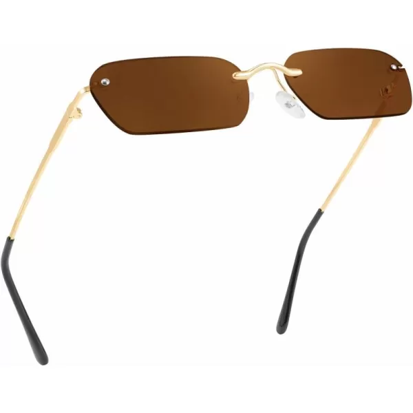 FEISEDY Rimless Sunglasses Y2K Sunglasses Retro Small Narrow Clear Eyewear Vintage Rectangle Sunglasses for Women Men B2643Brown