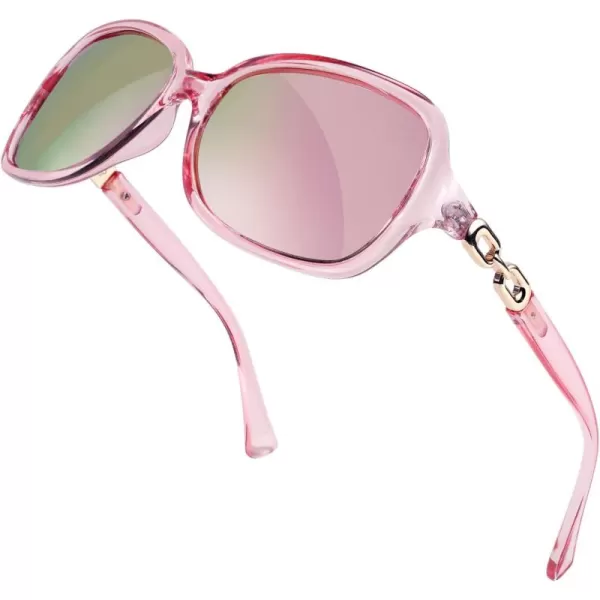 FEISEDY Vintage Square Polarized Sunglasses for Women UV400 Travel Driving Fashion Arcuate Sunglasses B2526Clear Pink Frame Pink Mirrored Lenses