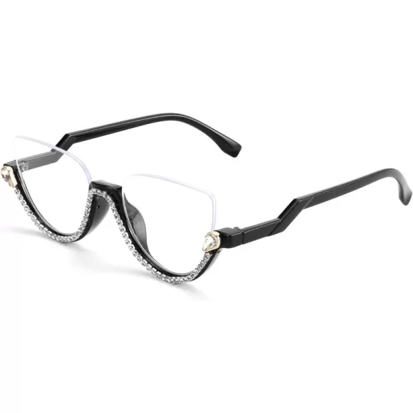 FEISEDY Women Blue Light Blocking Glasses Fashion Half Frame Cat Eye Glasses Inlaid Diamond Anti Eyestrain B2995Black