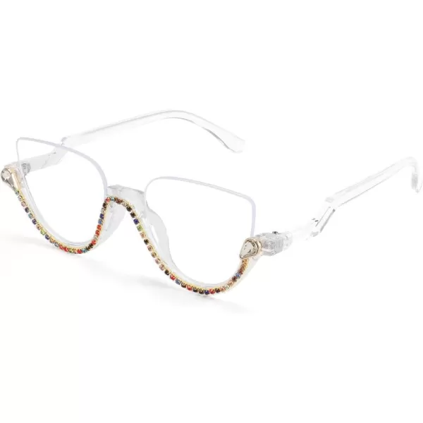 FEISEDY Women Blue Light Blocking Glasses Fashion Half Frame Cat Eye Glasses Inlaid Diamond Anti Eyestrain B2995Multicoloured