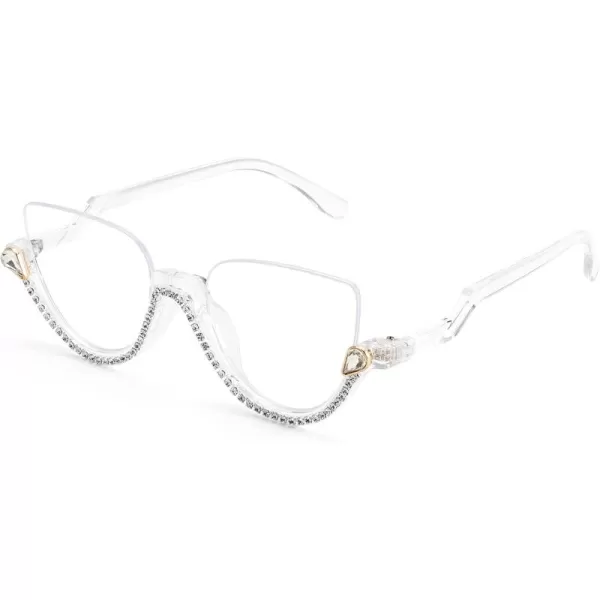 FEISEDY Women Blue Light Blocking Glasses Fashion Half Frame Cat Eye Glasses Inlaid Diamond Anti Eyestrain B2995White