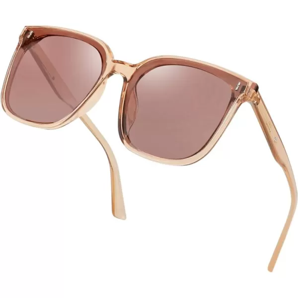 FEISEDY Women Oversized Vintage Polarized Sunglasses Square Cute Trendy Classic Simple Men B2758004 Champagne Frame  Light Tea Lens