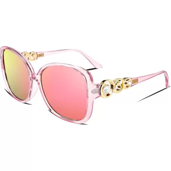 FEISEDY Womens Fashion Sunglasses Oversized Square Frame with Pearl Sparkling Polarized UV Protection B2821Lively Pink