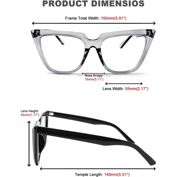 FEISEDY 2 PACK CHIC Cateye Blue Light Blocking Eyewear with Clear Lenses Large Frame Women B2619F2Blackgrey
