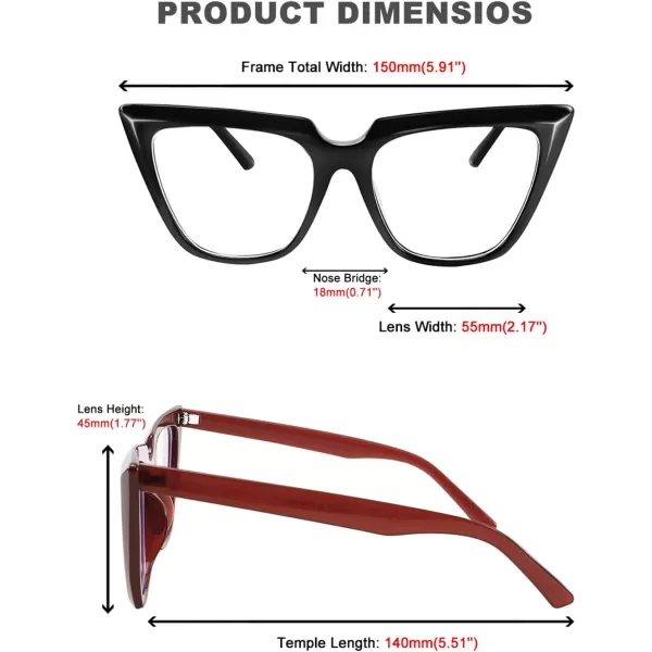 FEISEDY 2 PACK CHIC Cateye Blue Light Blocking Eyewear with Clear Lenses Large Frame Women B2619F2Blackwine