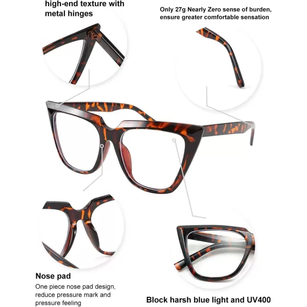 FEISEDY 2 PACK CHIC Cateye Blue Light Blocking Eyewear with Clear Lenses Large Frame Women B2619F2Leopardgrey