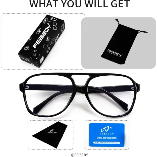 FEISEDY 70s Aviator Glasses Frame Blue Light Blocking Glasses Oversized Square Computer Glasses Women Men B2888Black Frame