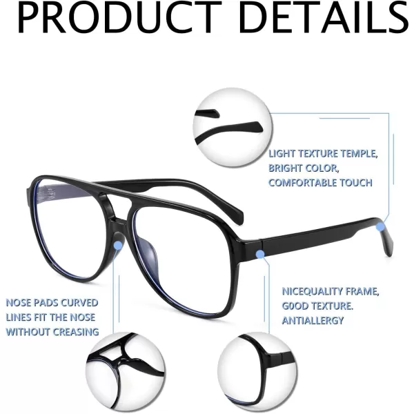 FEISEDY 70s Aviator Glasses Frame Blue Light Blocking Glasses Oversized Square Computer Glasses Women Men B2888Black Frame