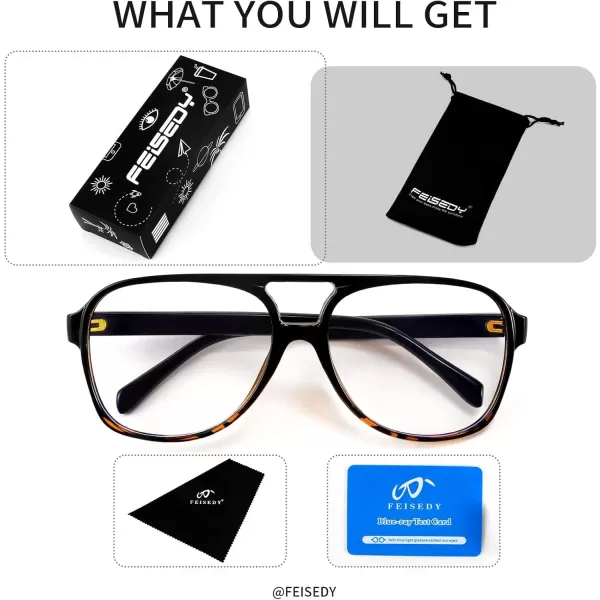 FEISEDY 70s Aviator Glasses Frame Blue Light Blocking Glasses Oversized Square Computer Glasses Women Men B2888Blackleopard Frame