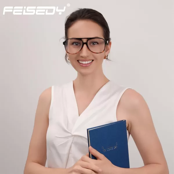 FEISEDY 70s Aviator Glasses Frame Blue Light Blocking Glasses Oversized Square Computer Glasses Women Men B2888Blackleopard Frame