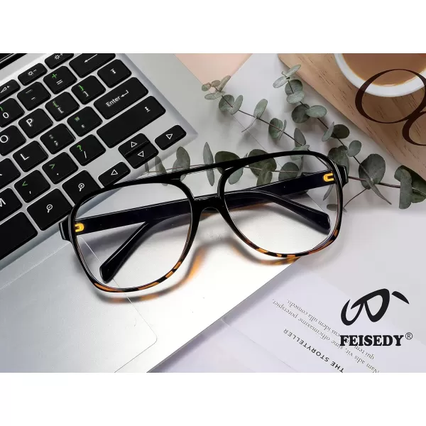 FEISEDY 70s Aviator Glasses Frame Blue Light Blocking Glasses Oversized Square Computer Glasses Women Men B2888Blackleopard Frame