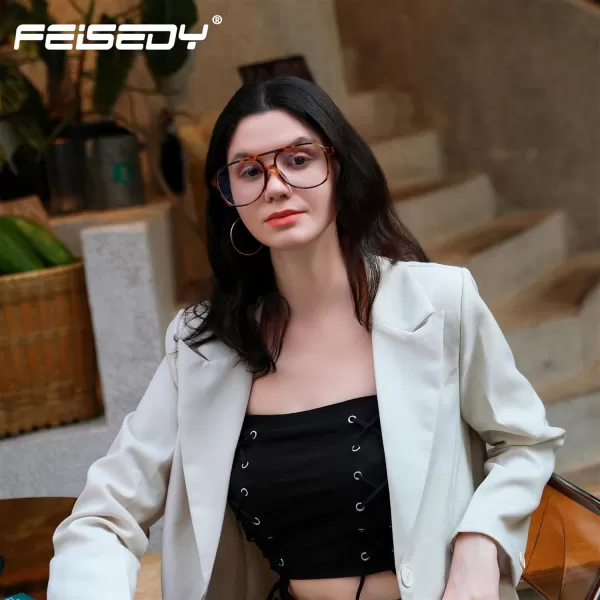 FEISEDY 70s Aviator Glasses Frame Blue Light Blocking Glasses Oversized Square Computer Glasses Women Men B2888Leopard Frame