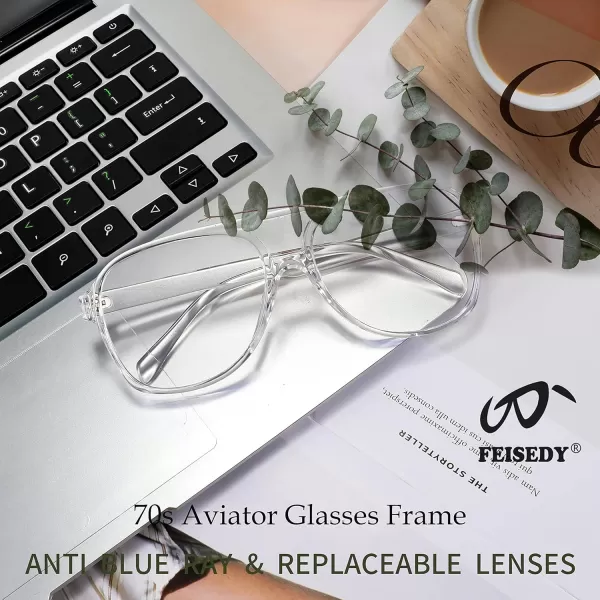 FEISEDY 70s Aviator Glasses Frame Blue Light Blocking Glasses Oversized Square Computer Glasses Women Men B2888Transparent Frame