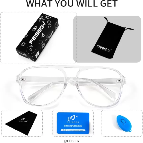 FEISEDY 70s Aviator Glasses Frame Blue Light Blocking Glasses Oversized Square Computer Glasses Women Men B2888Transparent Frame