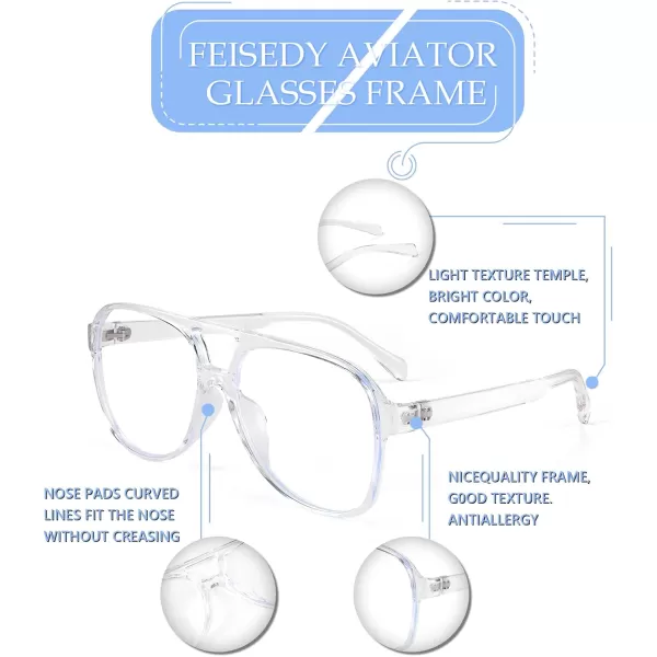FEISEDY 70s Aviator Glasses Frame Blue Light Blocking Glasses Oversized Square Computer Glasses Women Men B2888Transparent Frame