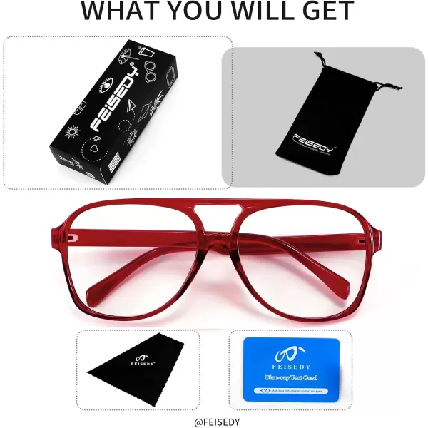 FEISEDY 70s Aviator Glasses Frame Blue Light Blocking Glasses Oversized Square Computer Glasses Women Men B2888Wine Frame