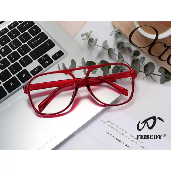 FEISEDY 70s Aviator Glasses Frame Blue Light Blocking Glasses Oversized Square Computer Glasses Women Men B2888Wine Frame