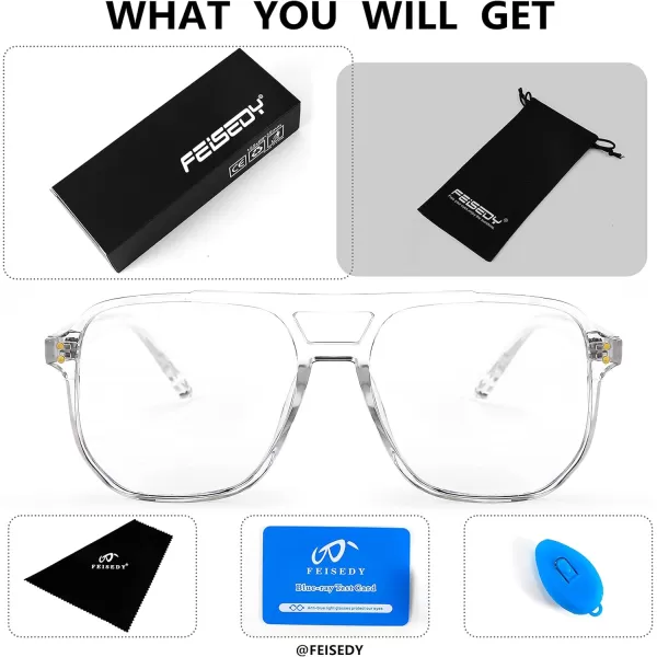 FEISEDY Blue Light Blocking Glasses Fake Nerd Clear Square Computer Lightweight Pilot Glasses Frame Oversized B2866Transparent Frame