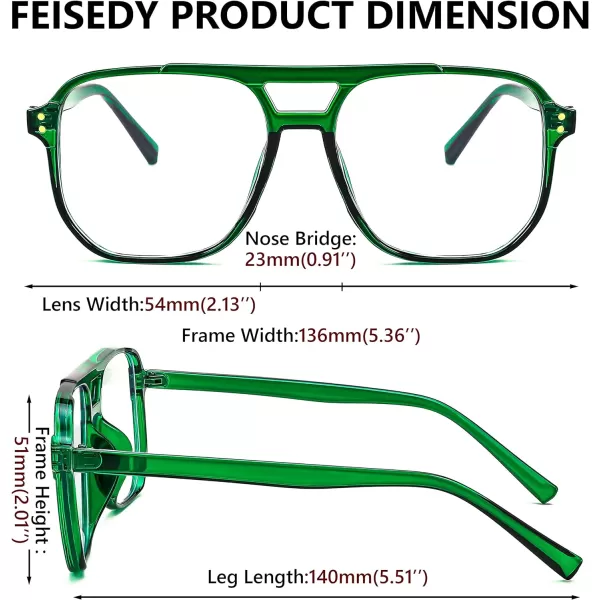 FEISEDY Blue Light Blocking Glasses Fake Nerd Clear Square Computer Lightweight Pilot Glasses Frame Oversized B2866Transparent Green Frame