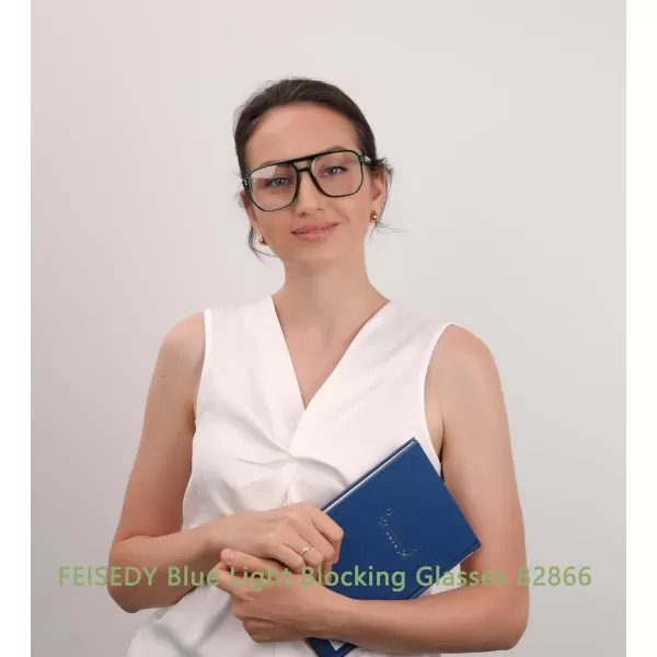 FEISEDY Blue Light Blocking Glasses Fake Nerd Clear Square Computer Lightweight Pilot Glasses Frame Oversized B2866Transparent Green Frame