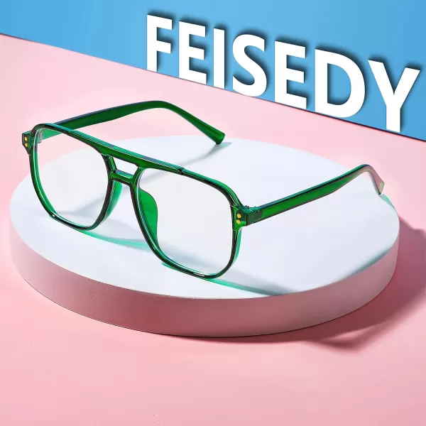 FEISEDY Blue Light Blocking Glasses Fake Nerd Clear Square Computer Lightweight Pilot Glasses Frame Oversized B2866Transparent Green Frame
