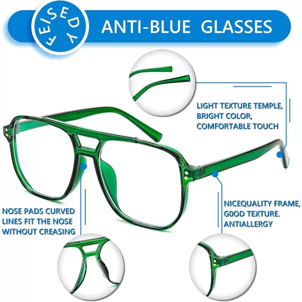 FEISEDY Blue Light Blocking Glasses Fake Nerd Clear Square Computer Lightweight Pilot Glasses Frame Oversized B2866Transparent Green Frame