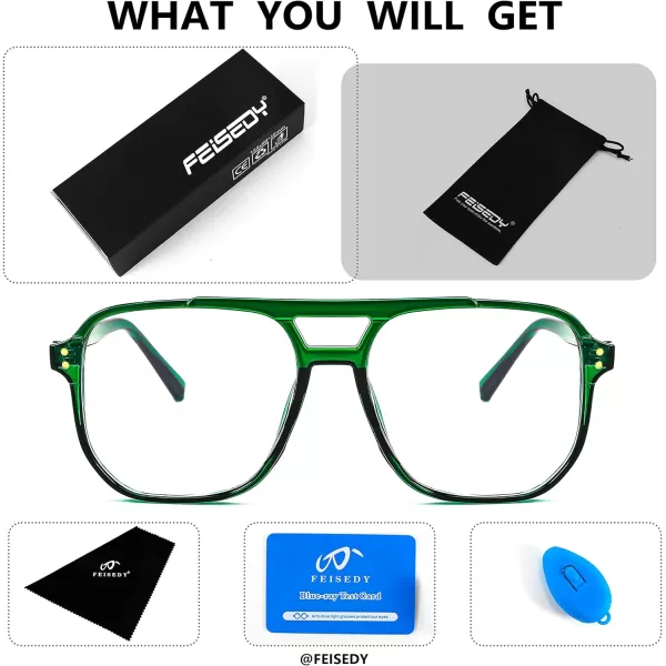 FEISEDY Blue Light Blocking Glasses Fake Nerd Clear Square Computer Lightweight Pilot Glasses Frame Oversized B2866Transparent Green Frame