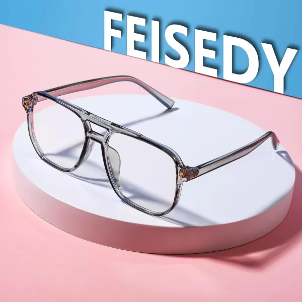 FEISEDY Blue Light Blocking Glasses Fake Nerd Clear Square Computer Lightweight Pilot Glasses Frame Oversized B2866Transparent Grey Frame