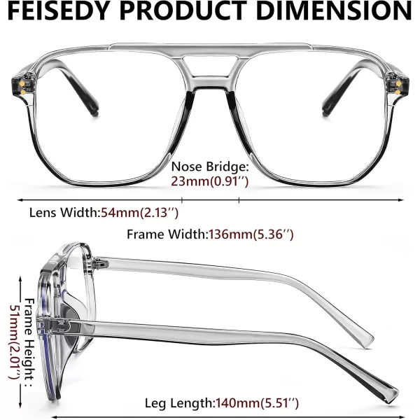 FEISEDY Blue Light Blocking Glasses Fake Nerd Clear Square Computer Lightweight Pilot Glasses Frame Oversized B2866Transparent Grey Frame
