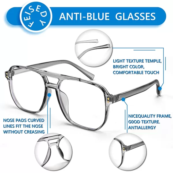 FEISEDY Blue Light Blocking Glasses Fake Nerd Clear Square Computer Lightweight Pilot Glasses Frame Oversized B2866Transparent Grey Frame