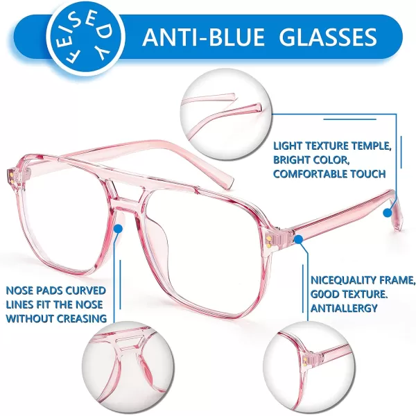FEISEDY Blue Light Blocking Glasses Fake Nerd Clear Square Computer Lightweight Pilot Glasses Frame Oversized B2866Transparent Pink Frame