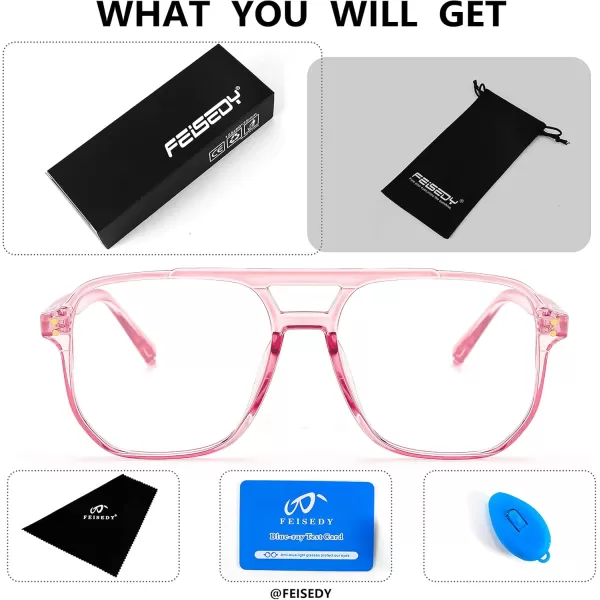 FEISEDY Blue Light Blocking Glasses Fake Nerd Clear Square Computer Lightweight Pilot Glasses Frame Oversized B2866Transparent Pink Frame