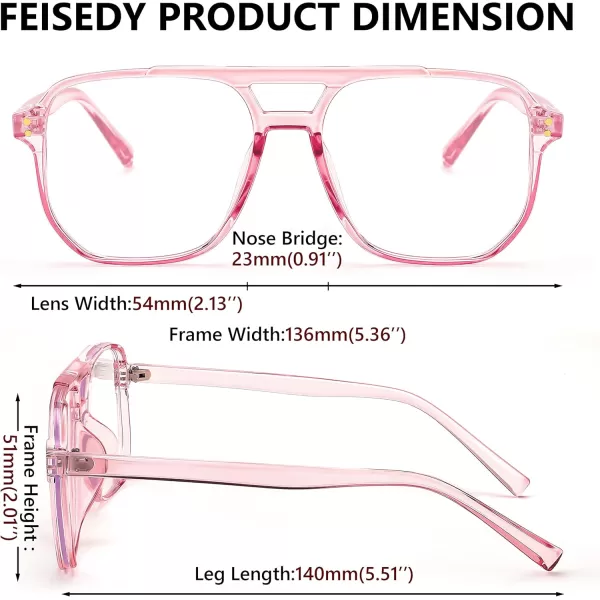 FEISEDY Blue Light Blocking Glasses Fake Nerd Clear Square Computer Lightweight Pilot Glasses Frame Oversized B2866Transparent Pink Frame