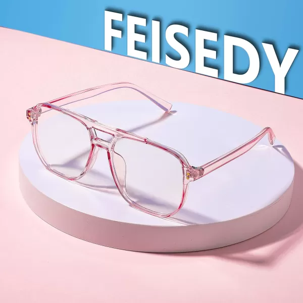 FEISEDY Blue Light Blocking Glasses Fake Nerd Clear Square Computer Lightweight Pilot Glasses Frame Oversized B2866Transparent Pink Frame