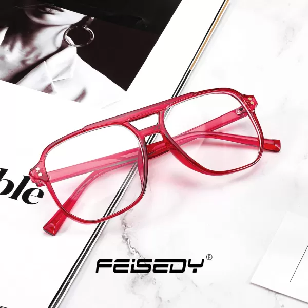 FEISEDY Blue Light Blocking Glasses Fake Nerd Clear Square Computer Lightweight Pilot Glasses Frame Oversized B2866Transparent Red Frame