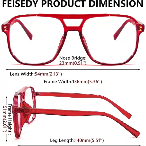 FEISEDY Blue Light Blocking Glasses Fake Nerd Clear Square Computer Lightweight Pilot Glasses Frame Oversized B2866Transparent Red Frame